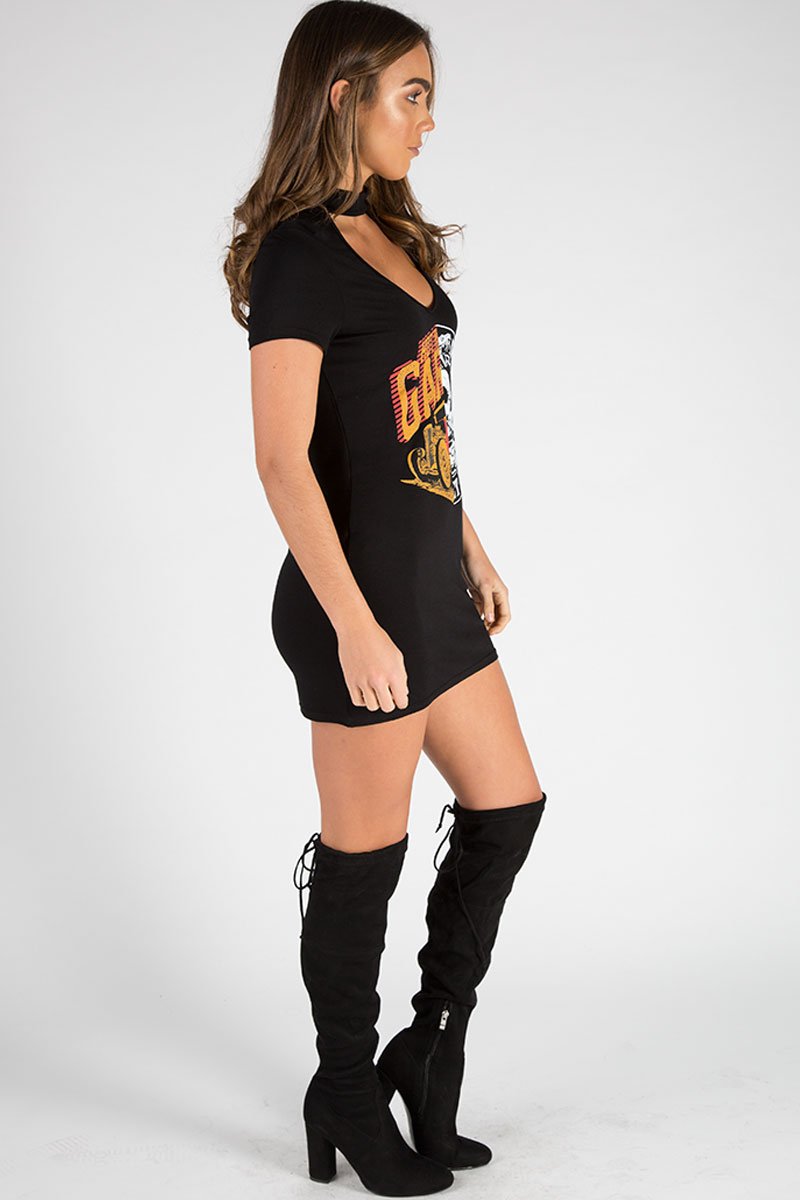 Black Choker Neck Cut Out Slogan T-Shirt Dress - Sophie-Dresses