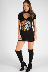 Black Choker Neck Cut Out Slogan T-Shirt Dress - Sophie-Dresses