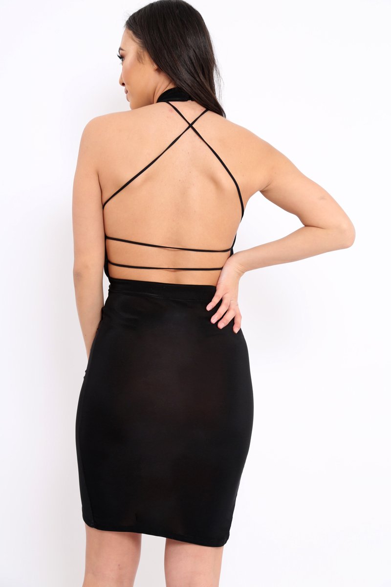 Black Choker Neck Lace Up Back Ruched Asymmetric Dress - Keris-Dresses