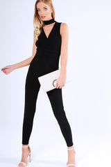 Black Choker Neck Wrapover Jumpsuit - Palma-Jumpsuits