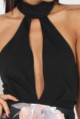 Black Choker Plunge Floral Skater Dress - Gretchen-Dresses