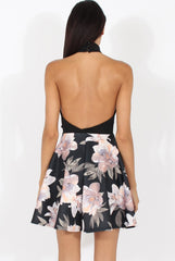 Black Choker Plunge Floral Skater Dress - Gretchen-Dresses