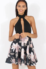 Black Choker Plunge Floral Skater Dress - Gretchen-Dresses