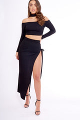 Black Choker Strap Back Crop Top & Skirt Co-ord Set - Kendall-Co-ords