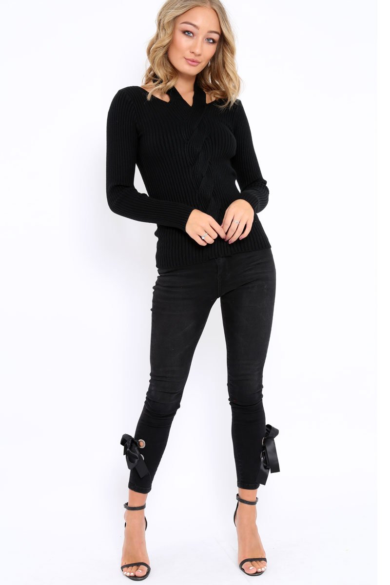 Black Choker Twist Knit Jumper - Maya-Jumper
