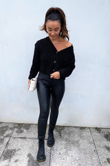 Black Chunky Knit Button Up Crop Cardigan - Elly-Cardigans