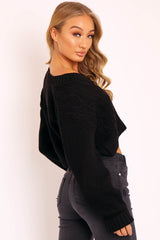 Black Chunky Knit Button Up Crop Cardigan - Elly-Cardigans