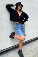 Black Chunky Knit Button Up Crop Cardigan - Elly-Cardigans