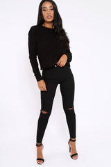 Black Chunky Knit Distressed Jumper - Bella-Jumper