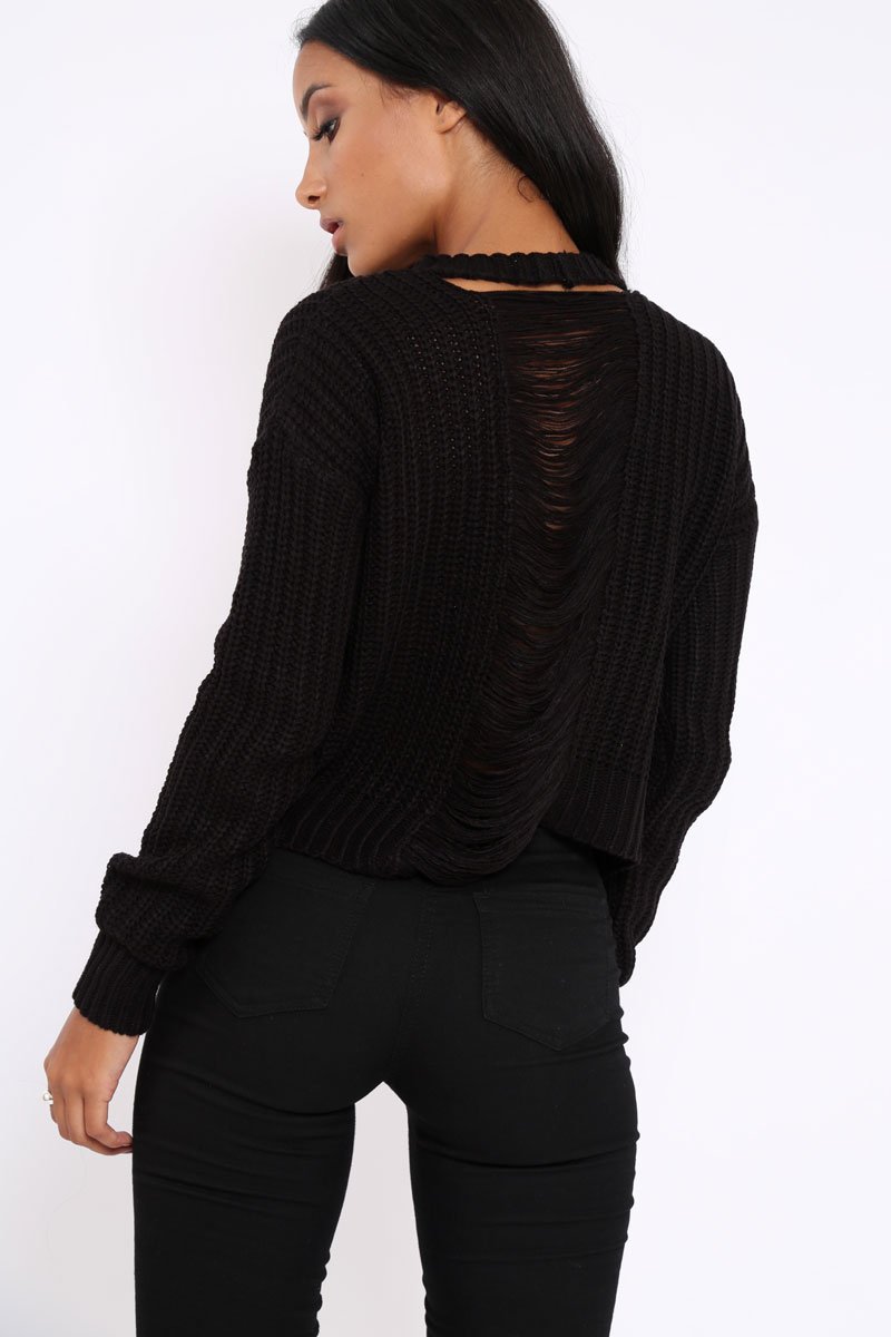 Black Chunky Knit Distressed Jumper - Bella-Jumper