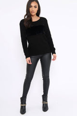 Black Chunky Knit Faux Fur Front Panel Jumper - Ophelia-Knitwear