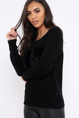 Black Chunky Knit Faux Fur Front Panel Jumper - Ophelia-Knitwear