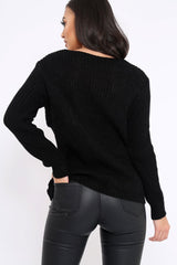 Black Chunky Knit Faux Fur Front Panel Jumper - Ophelia-Knitwear