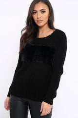 Black Chunky Knit Faux Fur Front Panel Jumper - Ophelia-Knitwear