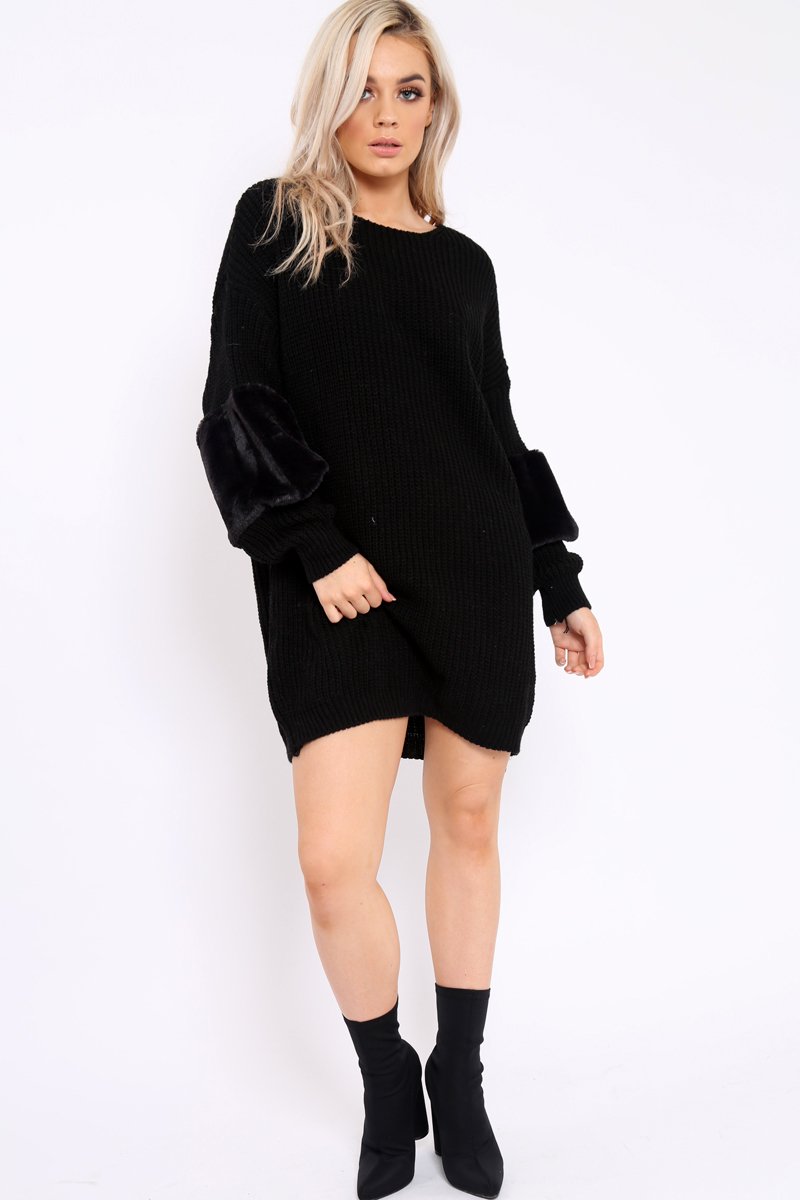 Black Chunky Knit Fur Sleeve Jumper Dress - Jaycee-Knitwear