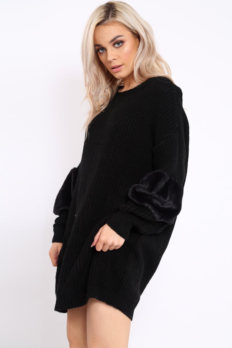 Black Chunky Knit Fur Sleeve Jumper Dress - Jaycee-Knitwear