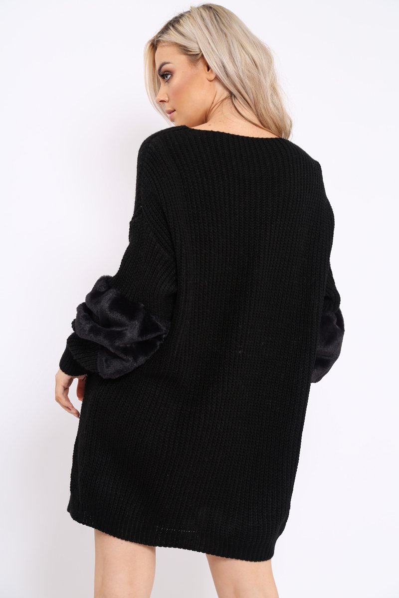 Black Chunky Knit Fur Sleeve Jumper Dress - Jaycee-Knitwear