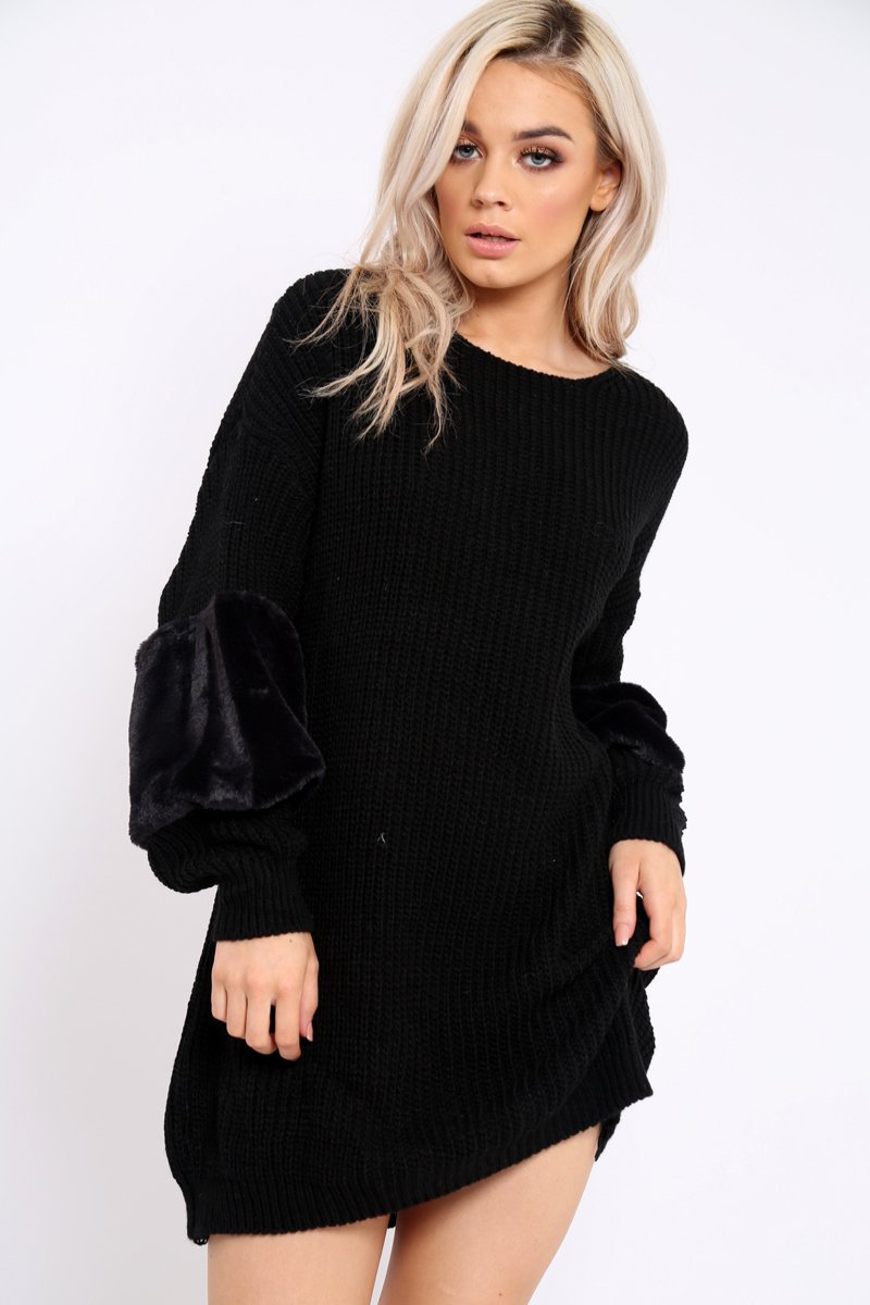Black Chunky Knit Fur Sleeve Jumper Dress - Jaycee-Knitwear