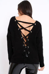 Black Chunky Knit Lace Up Back Jumper - Perrie-Knitwear