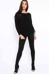 Black Chunky Knit Lace Up Sleeve Jumper - Sarah-Knitwear