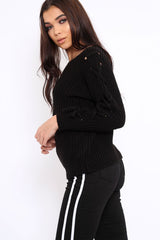 Black Chunky Knit Lace Up Sleeve Jumper - Sarah-Knitwear