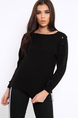 Black Chunky Knit Lace Up Sleeve Jumper - Sarah-Knitwear
