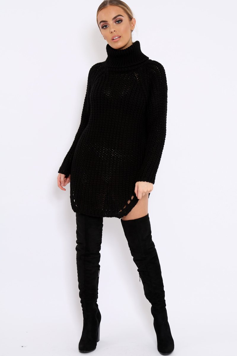Black Chunky Knit Roll Neck Cut Out Hem Jumper Dress - Catalina-Dresses