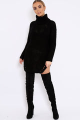 Black Chunky Knit Roll Neck Cut Out Hem Jumper Dress - Catalina-Dresses