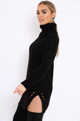 Black Chunky Knit Roll Neck Cut Out Hem Jumper Dress - Catalina-Dresses