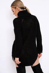 Black Chunky Knit Roll Neck Cut Out Hem Jumper Dress - Catalina-Dresses