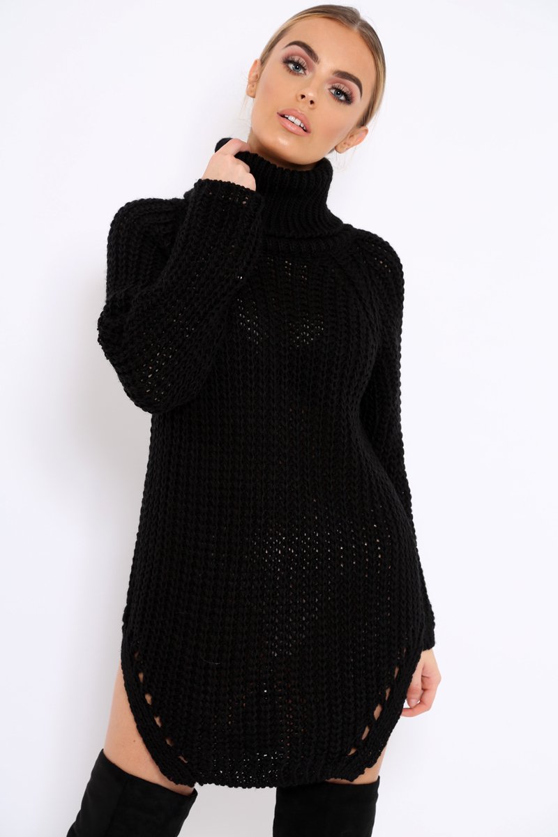 Black Chunky Knit Roll Neck Cut Out Hem Jumper Dress - Catalina-Dresses