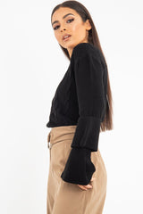 Black Chunky Knit Sleeve Detail Jumper - Lillienne-Jumper