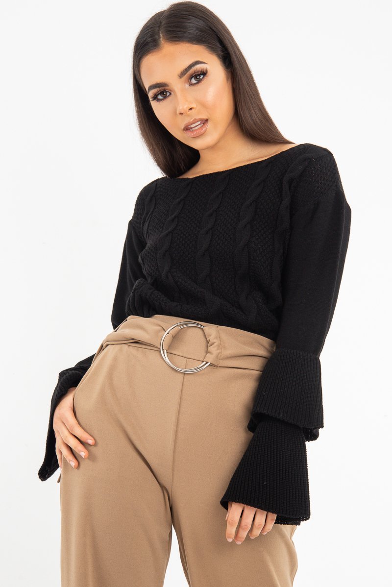 Black Chunky Knit Sleeve Detail Jumper - Lillienne-Jumper