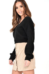 Black Chunky Knit V Back Crop Jumper - Priscilla-Jumper