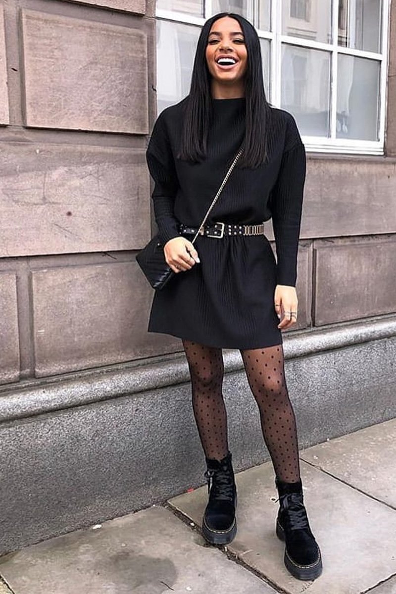 Black Chunky Rib Slash Neck Jumper Dress - Kameron-Dresses