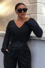 Black Chunky Rib V-Neck Jumper - Evalise-Jumper