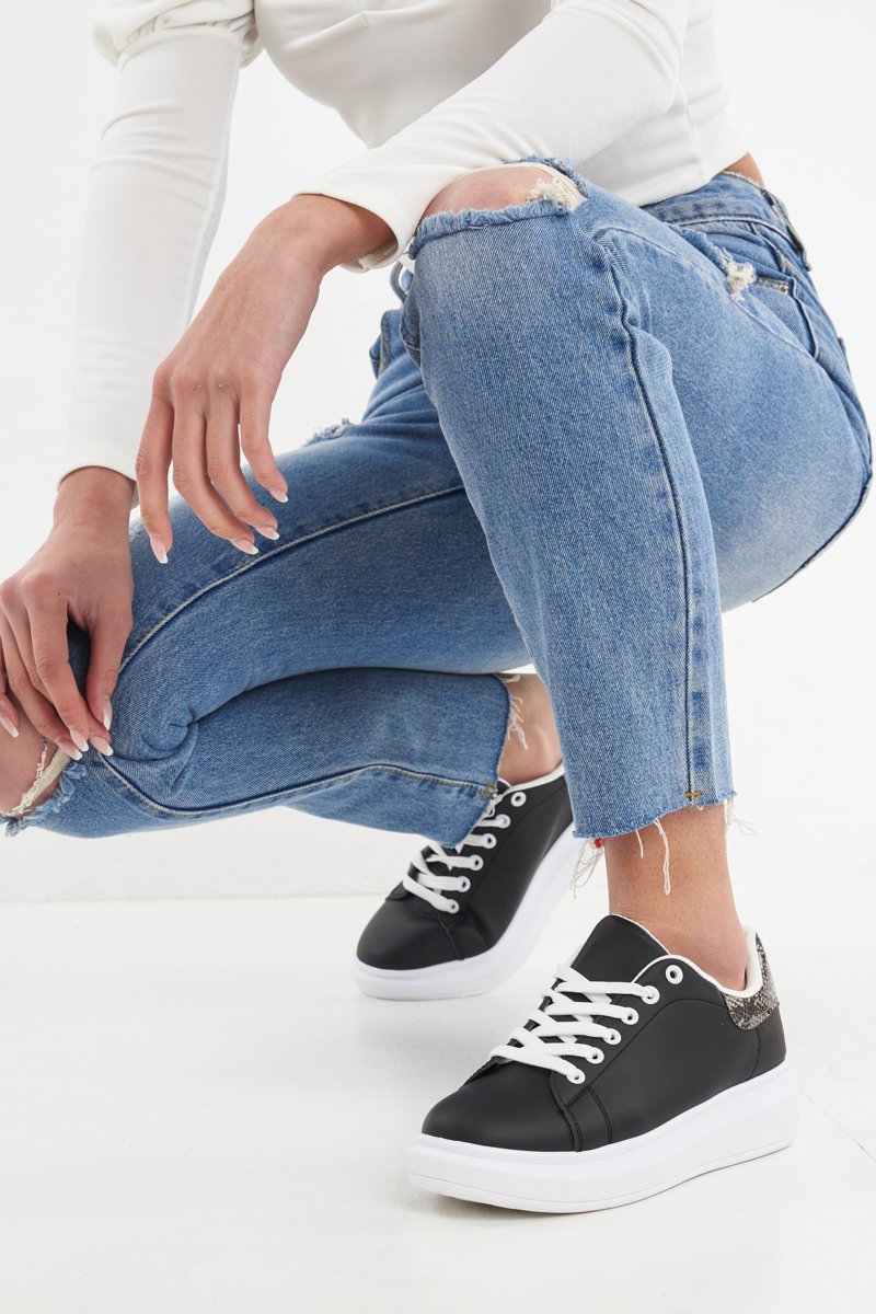 Black Chunky Sole Lace Up Trainers - Lauryl-Trainers