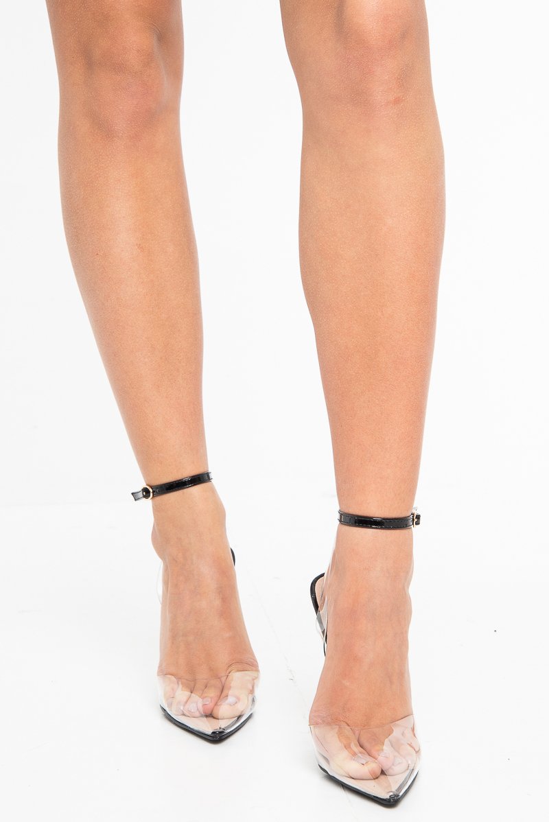 Black Clear Ankle Strap Pointed Court Shoe - Mycah-Shoes