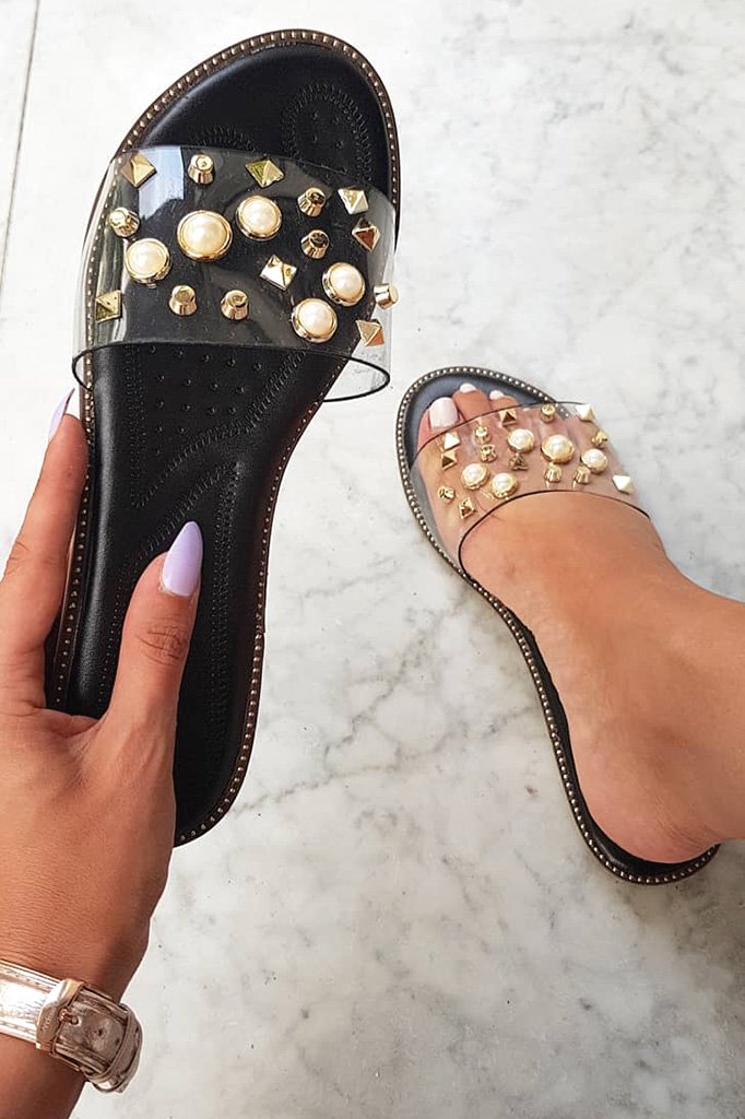 Black Clear Clear Studded Sliders -Athira-Sliders