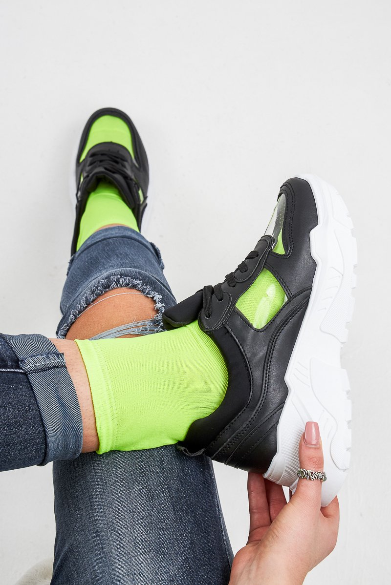 Black Clear Insert Lace Up Chunky Trainers - Shayli-Trainers
