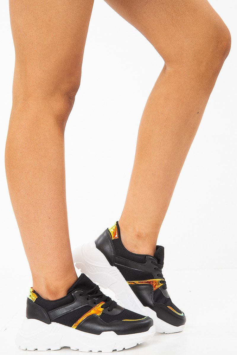 Black Cleated Sole Lace Up Chunky Trainers - Gradie-Trainers