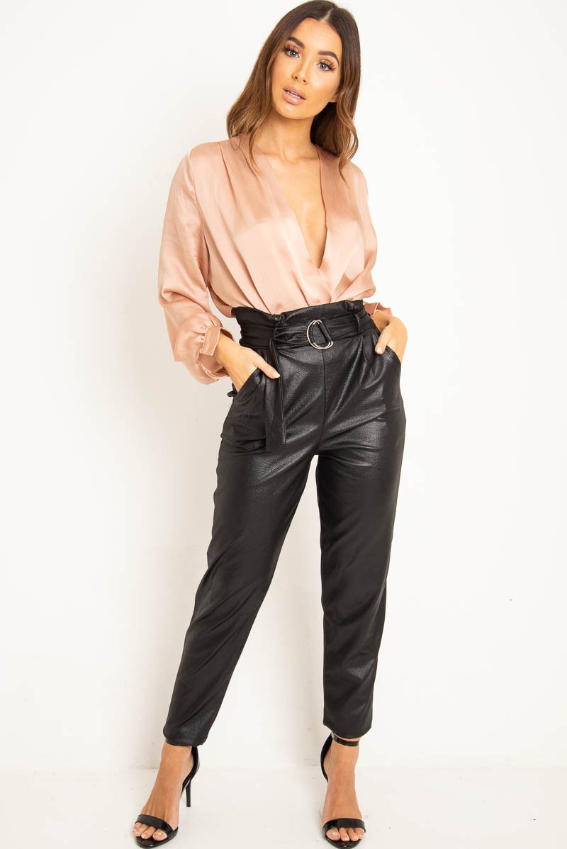 Black Coated Belted Tapered Trousers - Reyna-Trousers
