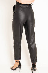 Black Coated Belted Tapered Trousers - Reyna-Trousers
