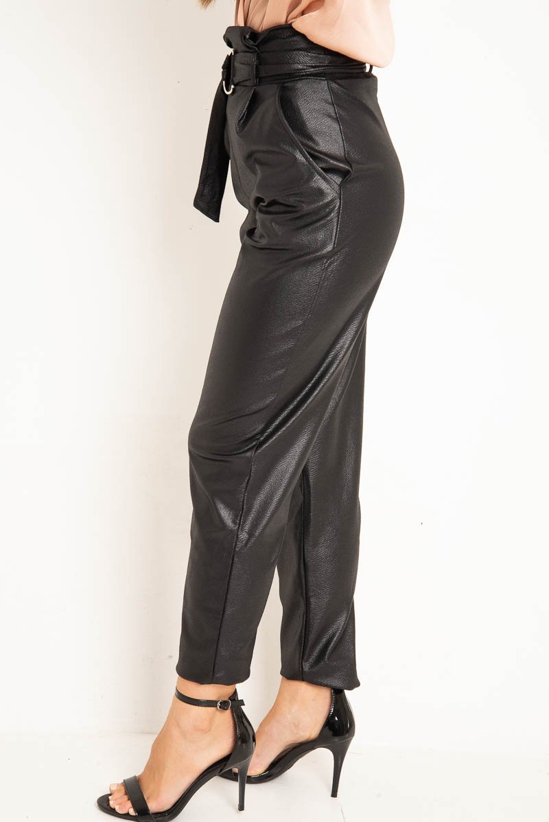 Black Coated Belted Tapered Trousers - Reyna-Trousers