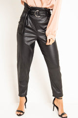 Black Coated Belted Tapered Trousers - Reyna-Trousers