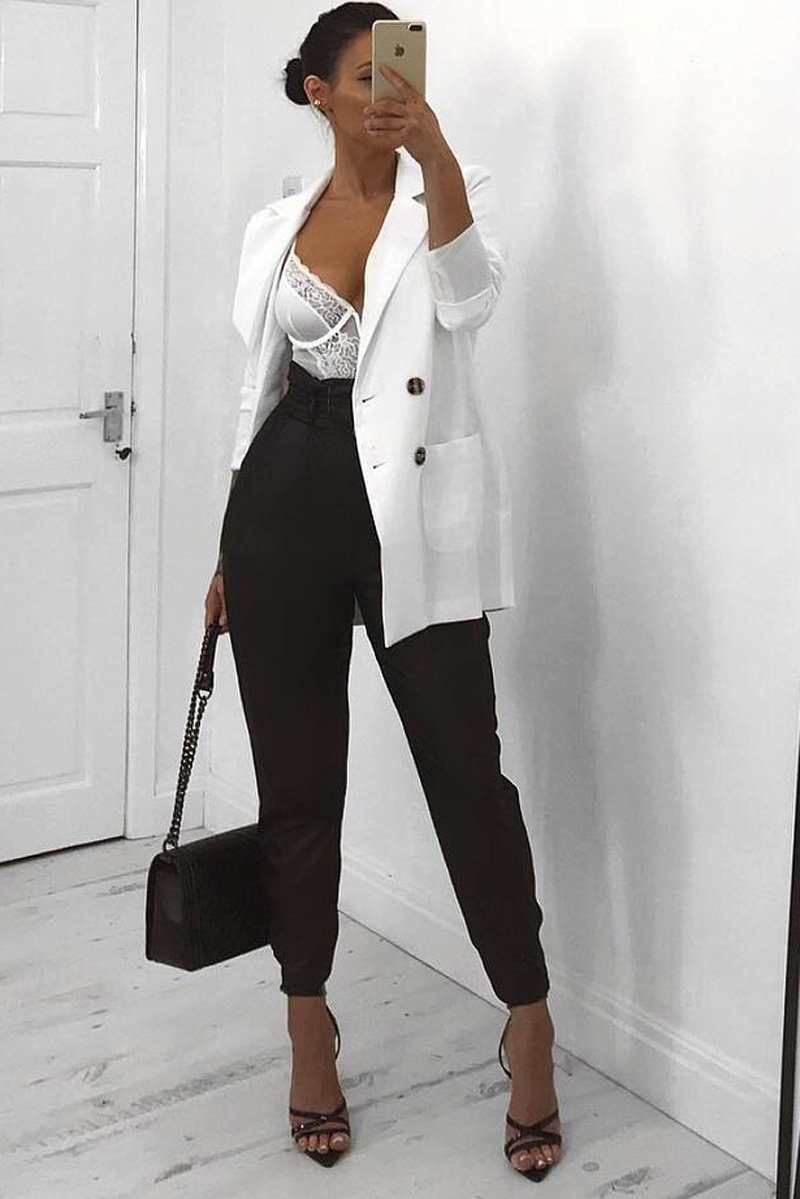 Black Coated Belted Tapered Trousers - Reyna-Trousers