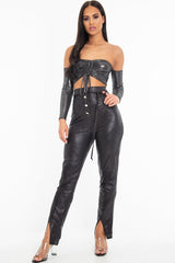 Black Coated Button Front Belted Skinny Trousers - Jade-Trousers