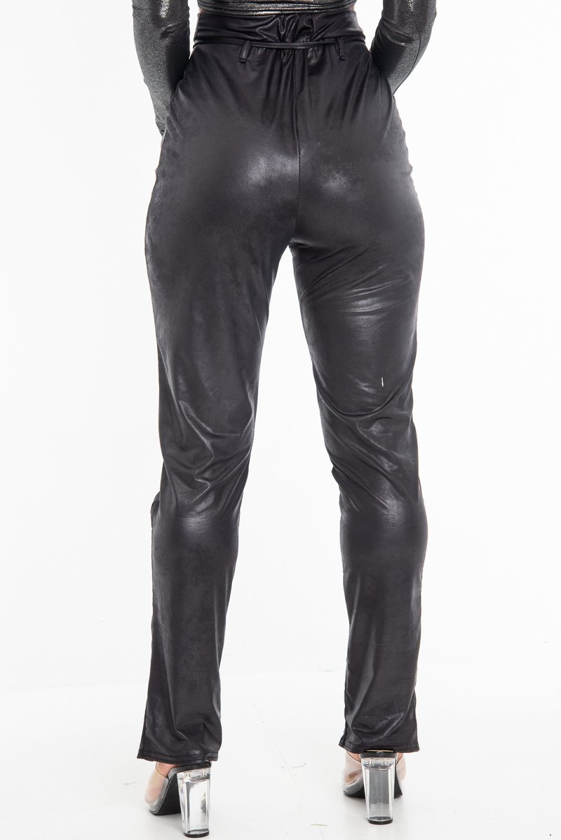 Black Coated Button Front Belted Skinny Trousers - Jade-Trousers