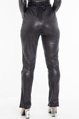 Black Coated Button Front Belted Skinny Trousers - Jade-Trousers
