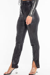 Black Coated Button Front Belted Skinny Trousers - Jade-Trousers